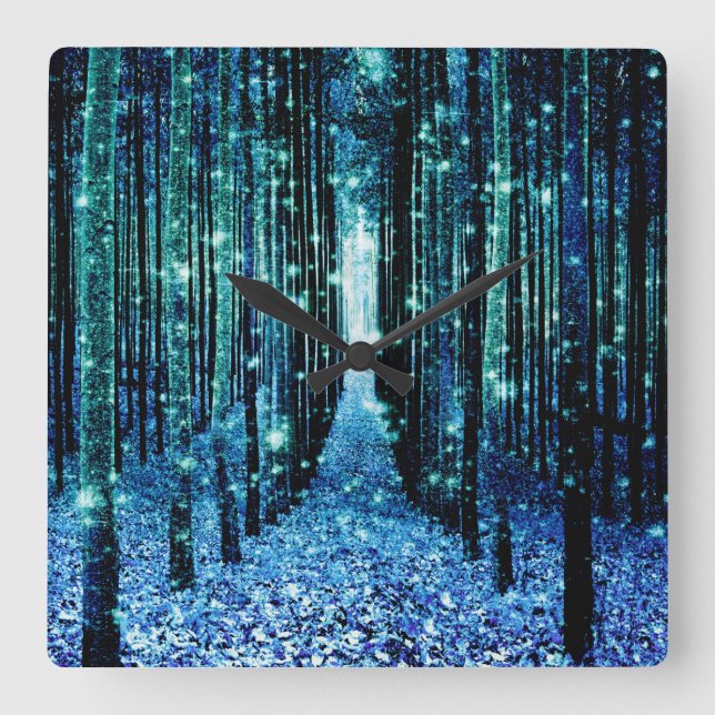 Magical Forest Turquoise Teal Square Wall Clock (Front)