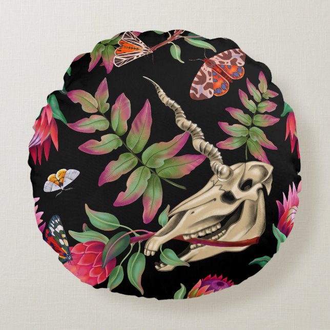 Magical Forest Unicorn Dark Pattern. Round Cushion (Front)
