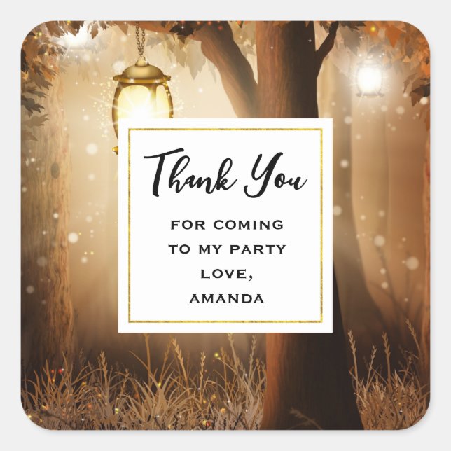 Magical Forest with Fairy Lights Party Thank You Square Sticker (Front)