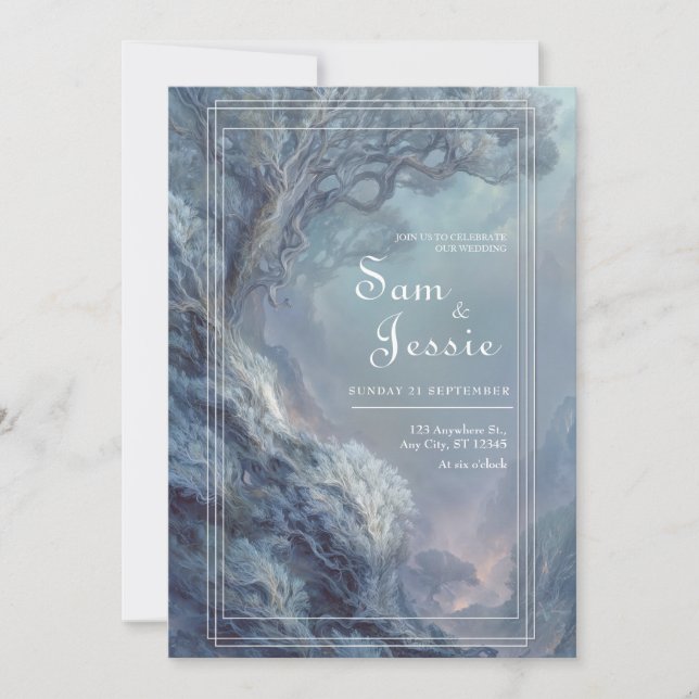 Magical Frozen Fantasy Winter Blue Surreal Wedding Invitation (Front)