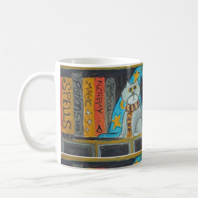 Magical Fun Wizard Folk Art Cat Painting  Coffee Mug (Left)