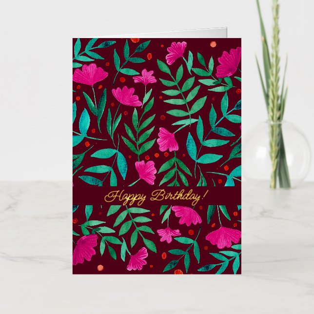 Magical garden - magenta and green Happy Birthday Foil Holiday Card (Front)