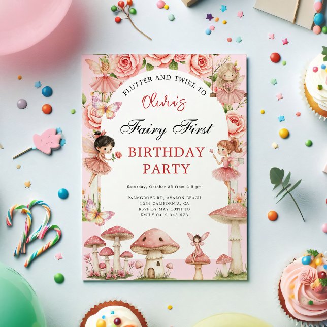 Magical Garden Pink Fairies First 1St Birthday  Invitation (Magical Garden Pink Fairies First Birthday Invitation – Watercolor Floral 1st Birthday Party Invite)