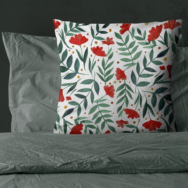 Magical garden watercolor flowers in red and green cushion (Creator Uploaded)