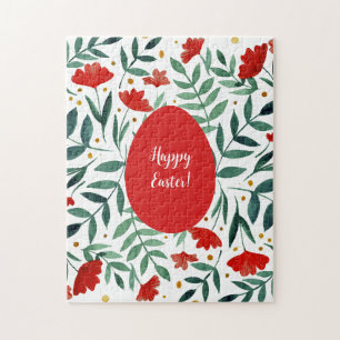 Magical garden watercolor flowers in red and green jigsaw puzzle