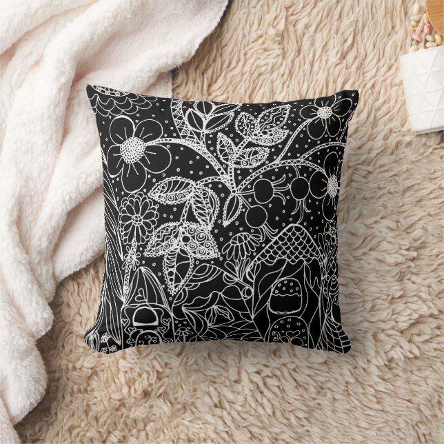 Magical Garden Whimsical Ink Pattern Cushion (Blanket)