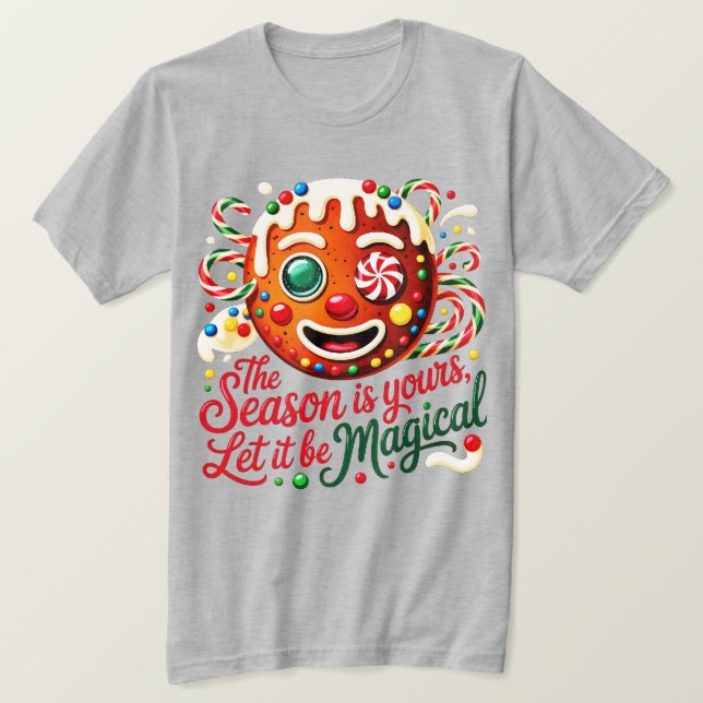 Magical Gingerbread Man Face Cozy Christmas candy T-Shirt (Design Front)