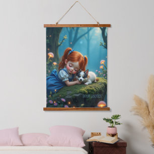 Magical Girl and Puppy in Enchanted Forest Hanging Tapestry
