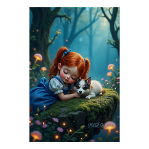 Magical Girl and Puppy in Enchanted Forest Poster
