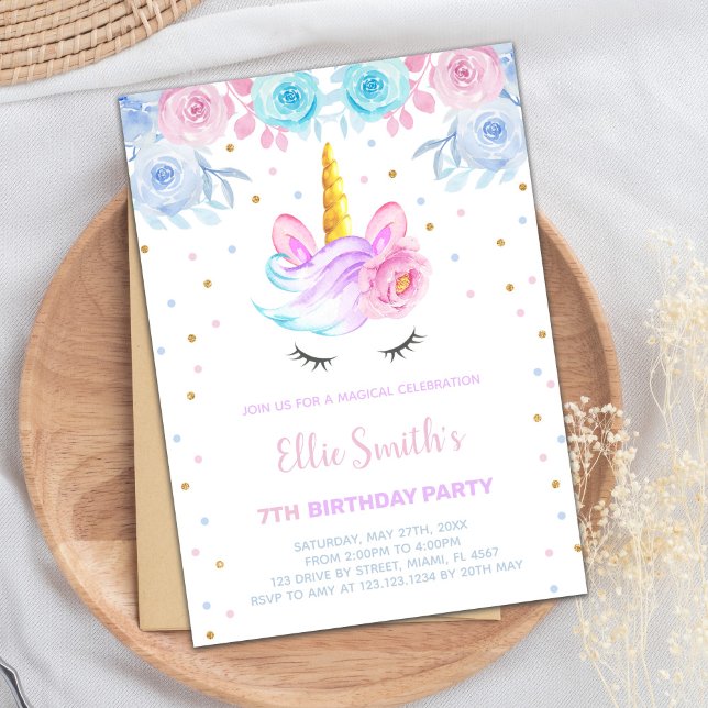 Magical Girl Party Card (Pink Purple Green Floral Unicorn Invitations)