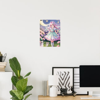 Magical Girl & Spirit Cat Poster – Kawaii Stardust