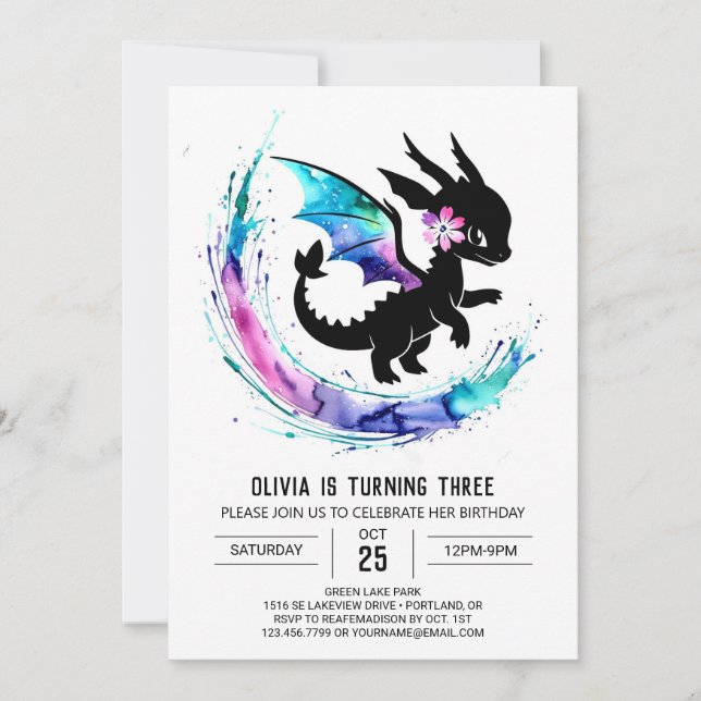 Magical Girly Dragon Digital Girl Birthday Invitation (Front)