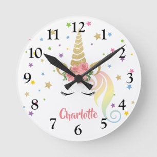 Magical Girly Unicorn & Stars Personalised Round Clock