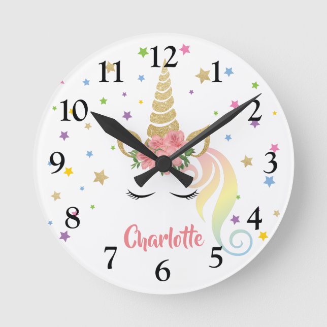 Magical Girly Unicorn & Stars Personalised Round Clock (Front)