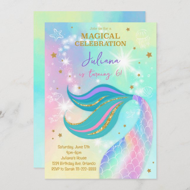 Magical Glitter Colourful Mermaid Birthday Invite (Front/Back)