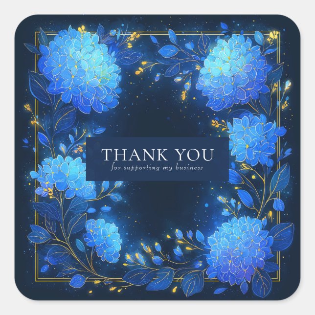 Magical Glowing Blue Hydrangea Gold Sparkle Floral Square Sticker (Front)