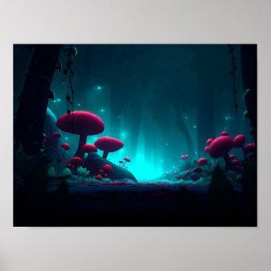 Magical Glowing Mushroom Forest Night Poster