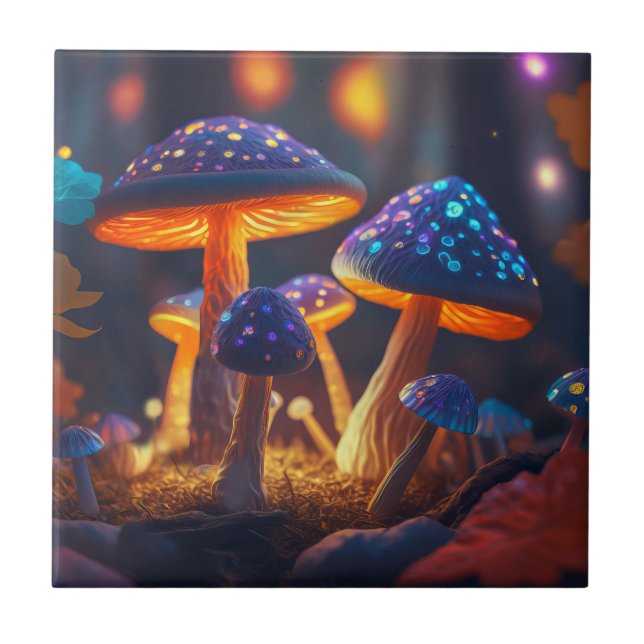 Magical Glowing Mushroom Garden Mystical Fantasy Ceramic Tile (Front)