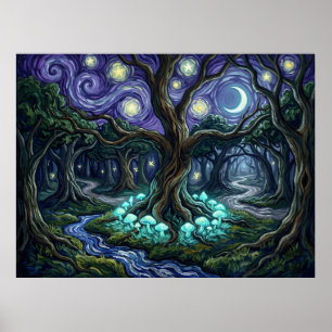 Magical Glowing Mushrooms Starry Night Forest Poster