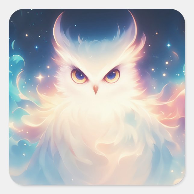 Magical Glowing White Fantasy Owl Square Sticker (Front)
