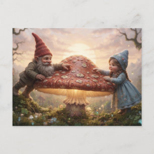 Magical Gnome And Girl In Forest With Mushroom Postcard