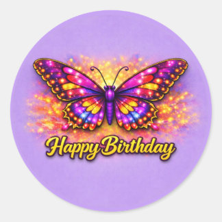 Magical Gold and Purple Happy Birthday Butterfly Classic Round Sticker