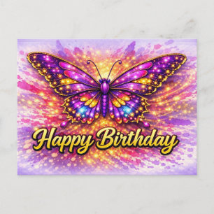 Magical Gold and Purple Happy Birthday Butterfly Postcard