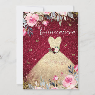 Magical Gold Dress Blush Pink Floral Quinceanera Invitation