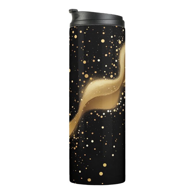 Magical Gold Dust Wave on Black Thermal Tumbler (Rotated Right)