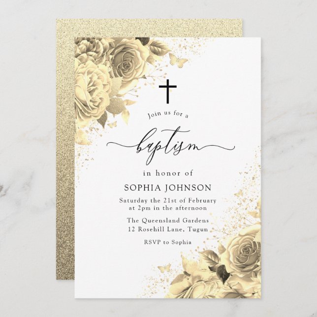 Magical Gold Flowers with Glitter Baptism Invitation (Front/Back)