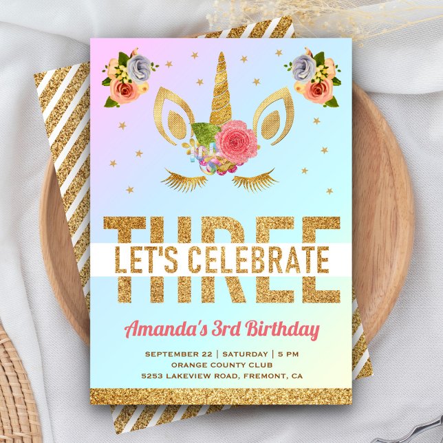 Magical Gold Glitter Unicorn 3rd Birthday Party Invitation (Creator Uploaded)