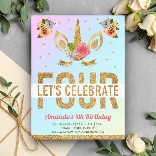 Magical Gold Glitter Unicorn 4th Birthday Party Invitation Postcard