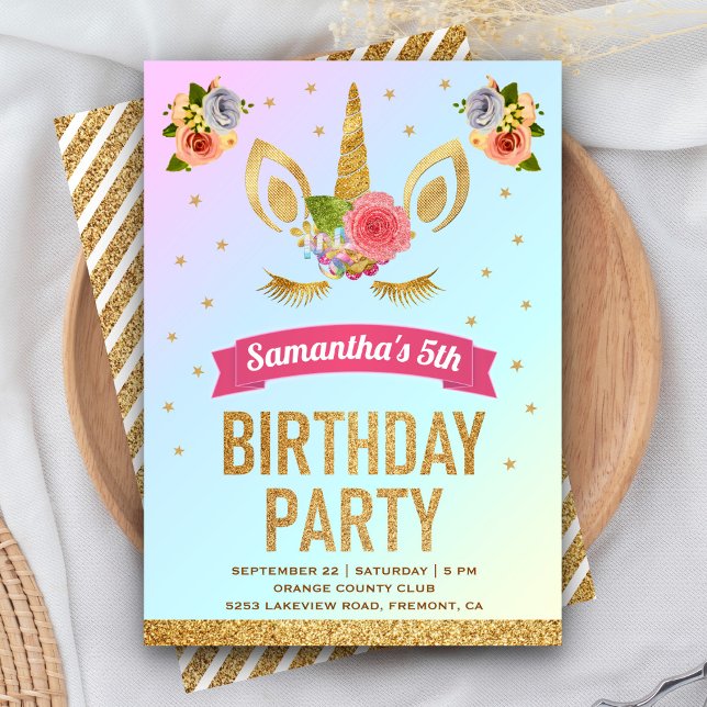 Magical Gold Glitter Unicorn Face Birthday Party Invitation (Creator Uploaded)