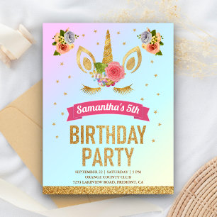 Magical Gold Glitter Unicorn Face Birthday Party Invitation Postcard