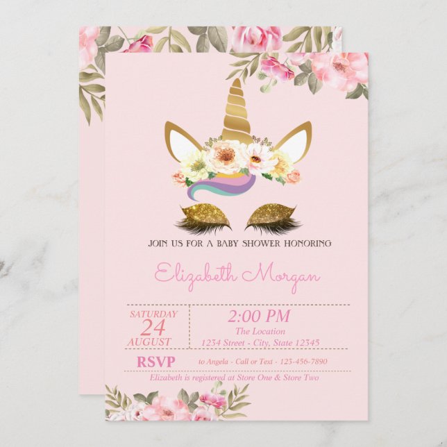 Magical Gold Glitter Unicorn  Floral Baby Shower Invitation (Front/Back)
