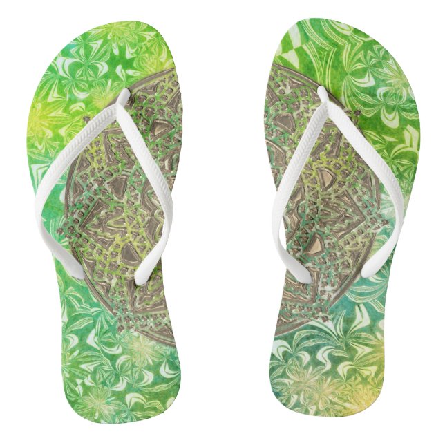 Magical Gold Mandala on Green Floral Thongs (Footbed)
