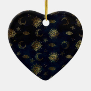 Magical Gold Moon Sun Stars Dark Blue pattern Ceramic Ornament