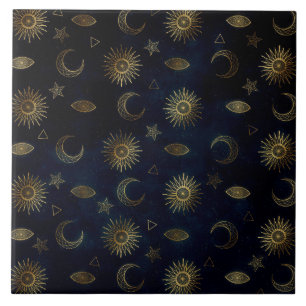 Magical Gold Moon Sun Stars Dark Blue pattern Ceramic Tile