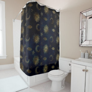Magical Gold Moon Sun Stars Dark Blue pattern Shower Curtain