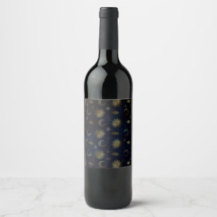 Magical Gold Moon Sun Stars Dark Blue pattern Wine Label