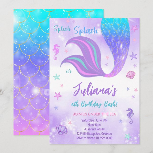 Magical Gold Purple Mermaid Tail Birthday Invite (Front/Back)