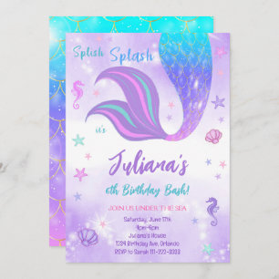 Magical Gold Purple Mermaid Tail Birthday Invite