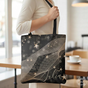 Magical Gold Stars Bokeh and Abstract Lines Tote Bag