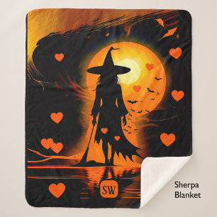 Magical Gothic orange hearts monogram witch Sherpa Blanket