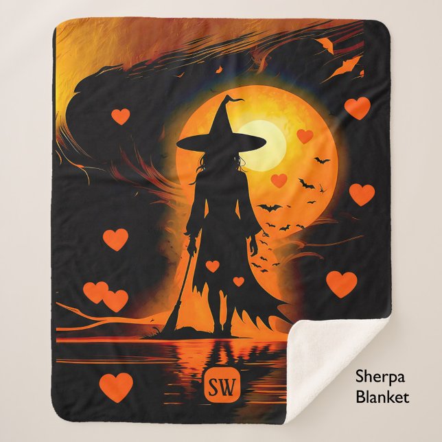 Magical Gothic orange hearts monogram witch Sherpa Blanket (Creator Uploaded)