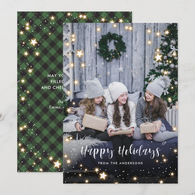 Magical Green Buffalo Plaid Snow Stars Photo Holiday Card (Front/Back)