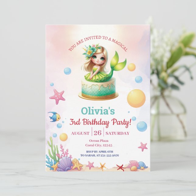 Magical Green Mermaid 3rd  Birthday Party Girl Invitation (Standing Front)