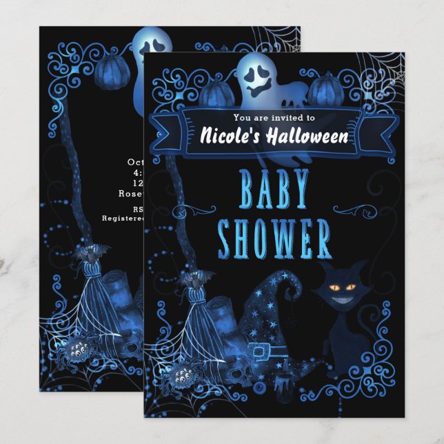 Magical Halloween Baby Shower Cat Blue Glow Lights Invitation (Front/Back)