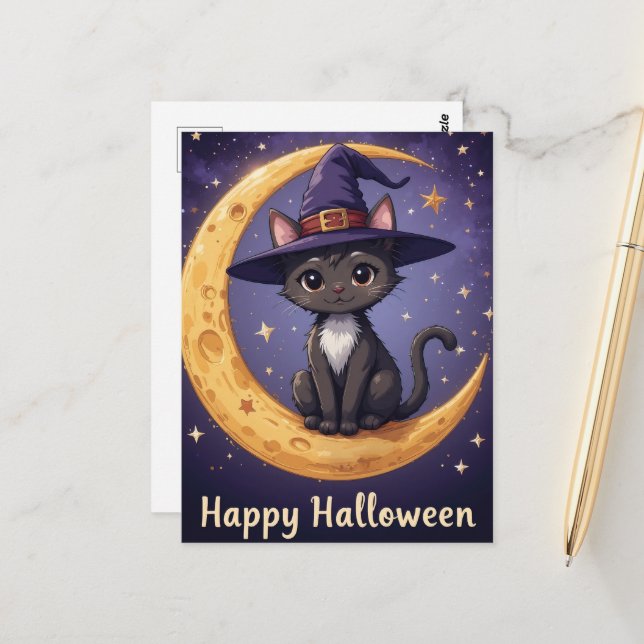 Magical Halloween Black Cat Witch Hat and Moonligh Postcard (Front/Back In Situ)