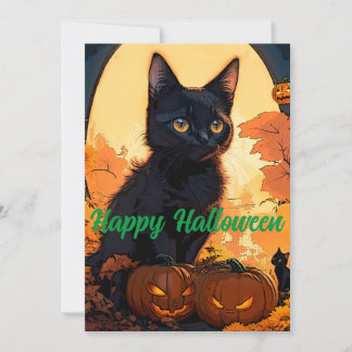 Magical Halloween Black Kat & Pumpkins Holiday Card